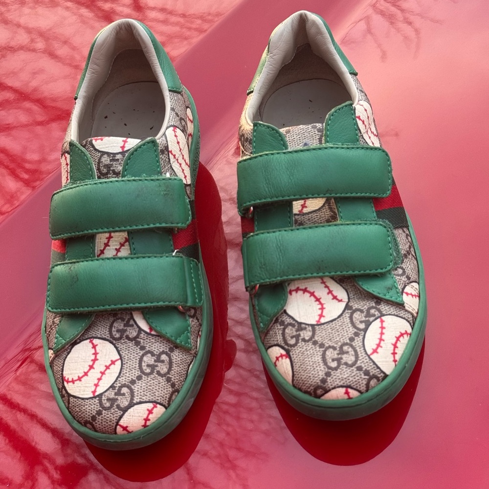 Kids Green Gucci Baseball Print Shoes